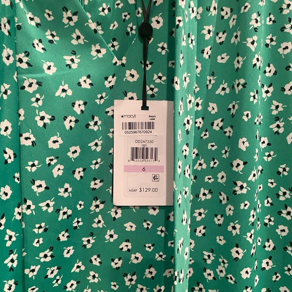 DKNY Puff Sleeve Front Print Tie Neck Mini Swing Dress Women's 6 Green Chiffon - Picture 4 of 7